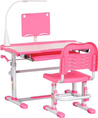 A pink and white children's desk and chair set.