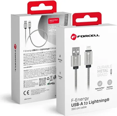 Image de FORCELL F-ENERGY Metal C236 Câble USB A vers Lightning 2,4A 12W 2 m argenté