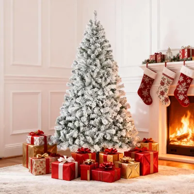 Image de 228cm Arbre de Noël artificiel avec neige, 1405 pointes, support d'arbre de Noël en métal, montage rapide, système de pliage