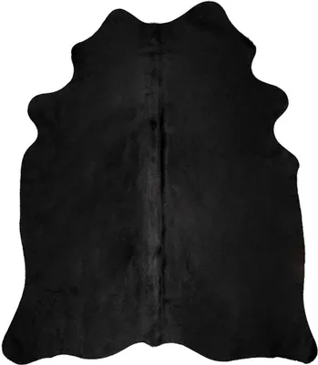 A black cowhide rug is shown from a top-down perspective against a white background.