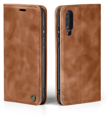 Two views of a brown leather flip case for a smartphone, shown from the front and back.