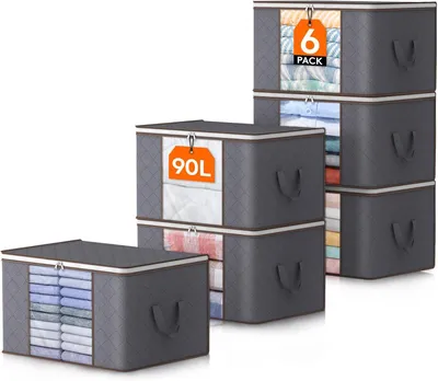 Obrázek produktu pro 6 kusů velkých úložných tašek o objemu 90 litrů, sada organizérů do skříně, skládací úložné tašky na oblečení s zesílenou rukojetí a odolným zipem, vhodné pro oblečení, lůžkoviny, peřiny, přikrývky, šedé barvy
