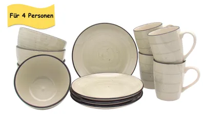 Produktbild von Keramik Frühstücks-Service - Beige 12-teilig für 4 Personen, Vintage Look, Spülmaschinen- & Mikrowellengeeignet