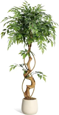 Obrázok produktu pre Ficus – umelý strom – 120 cm – ohnutý kmeň – plastové listy – s mliečne bielym kvetinácom – pre vonkajšie použitie