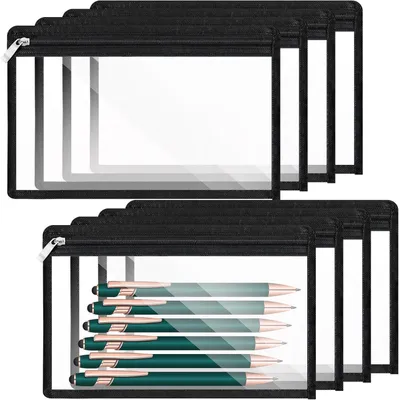 Image de Lot de 8 trousses transparentes à fermeture éclair pour documents ou stylos, trousses de maquillage et pochettes de rangement (18 x 29,2 cm) pour l'école, le bureau et les voyages.