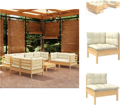 Produktbild von vidaXL 9-tlg. Garten-Lounge-Set mit Creme Kissen Kiefer Massivholz -  Gartenmöbel-Sets