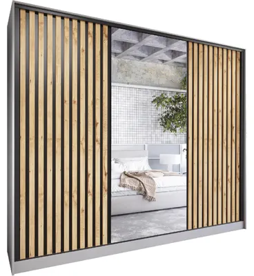 Produktbild von Schiebeschrank mit Spiegel und Schubladen LIPI D 250 grau / wotan eiche / schwarz