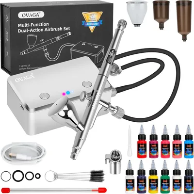 Imagen del producto de Kit de aerógrafo con compresor, 32 PSI, y 11 colores de pintura acrílica
