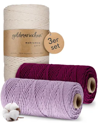 Produktbild von Makramee Garn 3er Set 3mm (Naturell 200m, Beere 100m, Lavendel 100m) 100% Baumwollgarn für DIY-Deko Wandteppich, Traumfänger, Blumenampel, Wandbehang