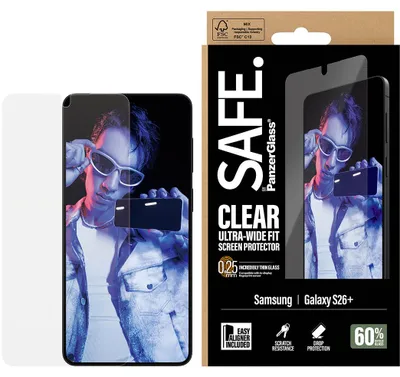 Produktbild von PanzerGlass SAFE. by ® Displayschutz Samsung Galaxy S26+ | Ultra-Wide Fit m. EasyAligner, Samsung, Samsung - Galaxy S26+, Trockene Anwendung, Kratzresistent, Schockresistent, Transparent, 1 Stück(e)