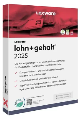 Produktbild von Lexware lohn+gehalt 2025 Jahresversion (365-Tage), Buchhaltung, Box, Deutsch, 1 Jahr(e), Windows 11 Enterprise x64, Windows 10, Windows 11 Home, Windows 10 Education, Windows 11 Pro,...