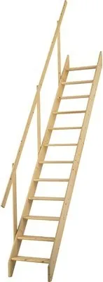 A wooden ladder with a handrail against a white background.