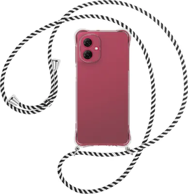 Produktbild von Handykette Backcover-Schutzhülle mit Band (Metall silberfarben) für Motorola Moto G55 5G - schwarz/weiß gestreift