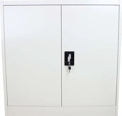 A white metal filing cabinet with a black lock and key.