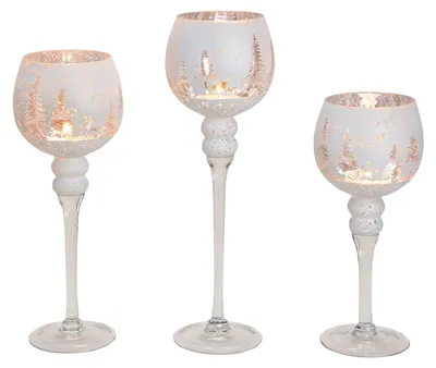 Productafbeelding van Windlichtset Kelk, Winterbosdecor, 30, 35, 40 cm x Ø13 cm, van wit glas, set van 3