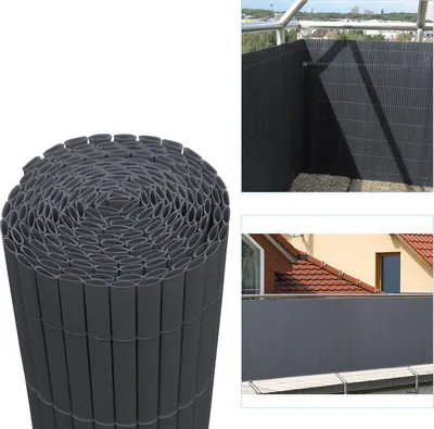 A collage of images showing a rolled-up privacy screen and installed privacy screens on a balcony and in a garden.