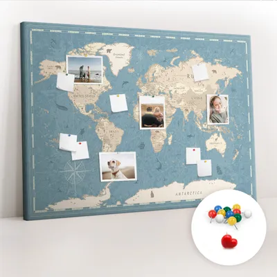 Imagen del producto de Tablero de corcho con chinchetas – Tablero con chinchetas para fotografías y notas – 140x100 cm – 100 chinchetas de colores – Mapa del mundo de estilo vintage