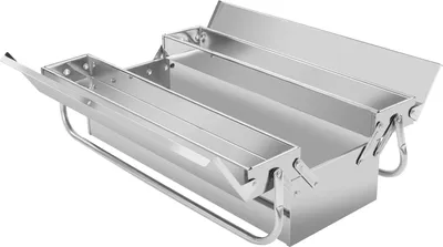A silver, three-tiered, foldable toolbox is shown against a white background.