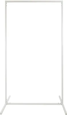 A white metal clothing rack on a white background.