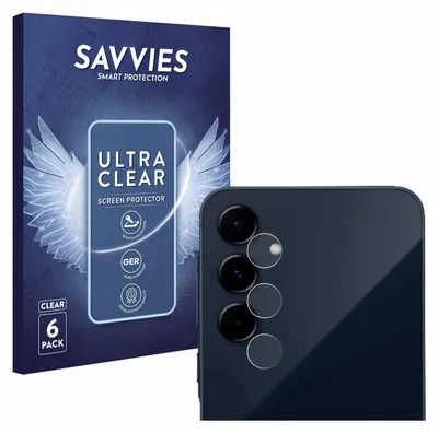 A product box for screen protectors and a close-up of a smartphone camera lens with screen protectors applied.