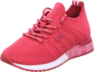 A single red sneaker is shown against a white background.