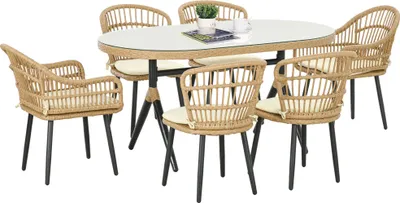 Image de Outsunny Salon de jardin extšŠrieur en ršŠsine tressšŠe 6 places ensemble de salle š€ manger - 1 table rectangulaire et 6 chaises avec coussins - plateau en verre trempšŠ, cadre en acier, bois naturel