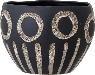 A black ceramic pot with a textured pattern of circles and vertical lines.