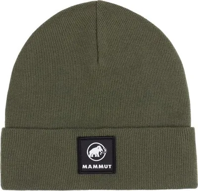 Olivegrüne Mütze mit Umschlag und schwarzem Mammut-Logo auf der Vorderseite