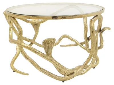 Immagine prodotto di Tavolino basso VIPEREA rotondo 67 cm dorato con serpenti in alluminio e vetro temperato