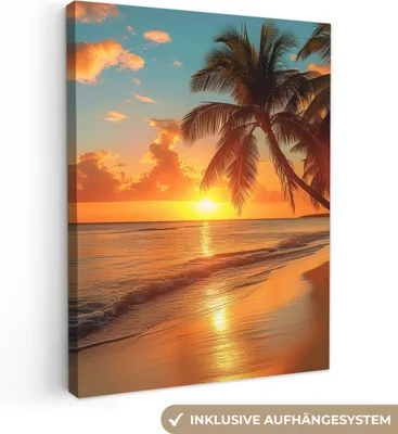 Produktbild von MuchoWow® - Leinwandbilder - Sonnenuntergang - Strand - Palmen - Meer - Sonne, Wandbild, Wanddeko Bilder Wohnzimmer, 60x80 cm