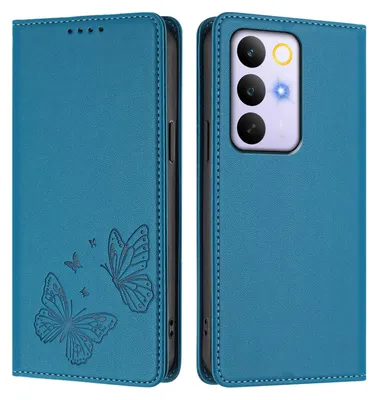 Image de Étui en cuir pour Realme C85 5G, étui de protection type portefeuille en cuir gaufré « papillon » avec support, bleu