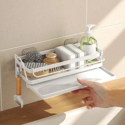 Produktbild von Weißer, wandmontierter Spülbecken-Organizer, selbstklebend, Abtropfschale + 2 Haken.