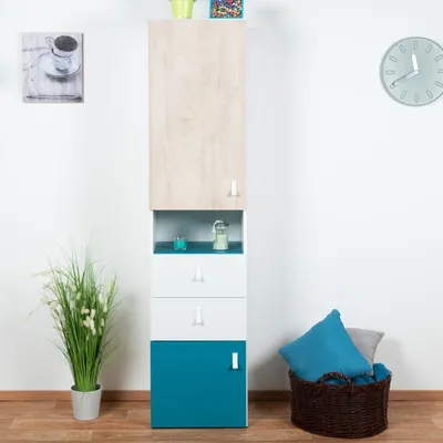 Produktbild von Schmaler Schrank 2-türig mit 4 Regalböden Eiche Weiß Blau 190x45x40 cm (HxBxT)