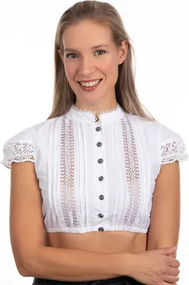 Produktbild von Spitzen-Dirndlbluse Sarah mit Flügelärmeln, Rosenknöpfen und Kragenborte Größe 40