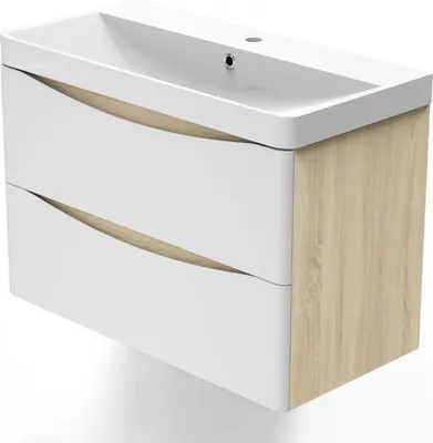 Produktbild von Badezimmer Badmöbel 80 cm Eiche Weiß Smiley - Badezimmermöbel Waschtisch mit Unterschrank Badezimmerschrank mit 2 Schubladen