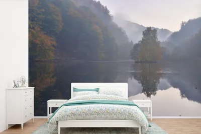 Produktbild von MuchoWow® Fototapete für Wohnzimmer oder Schlafzimmer Wandtapete Vinyl Motivtapete Spiegelung der Wälder im Söderåsen-Nationalpark in Schweden - 450x300 cm - Gemusterte