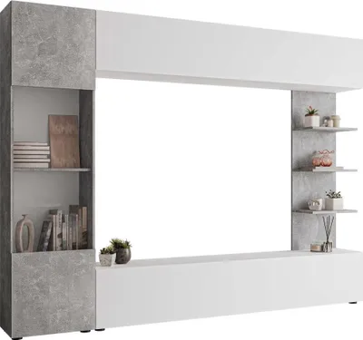Produktbild von MIRJAN24 Wohnwand Lazando, Stilvoll Wohnzimmer-Set, Schrankwand, Praktisch Mediawand, TV-Schrank (Farbe: Weiß / Beton, ohne Beleuchtung)