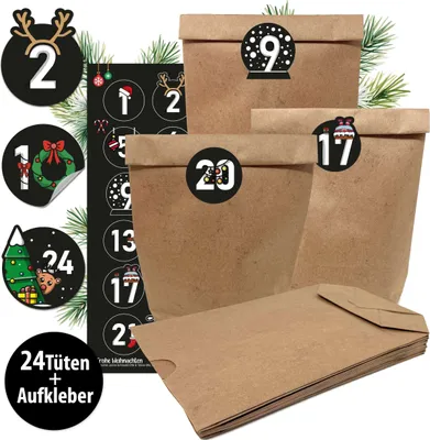 A collection of brown paper bags and circular stickers with Christmas-themed designs and numbers, arranged on a white and black background with some greenery.