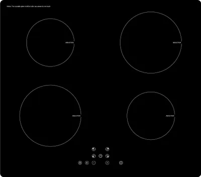 A black induction hob with four heating elements and control buttons.