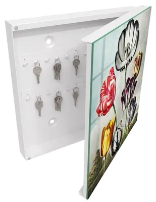 Produktbild von Weißer Schlüsselschrank aus Metall 30 x 30 cm - Schlüsselbox zur Wandmontage mit Tür - rechts öffnender Schlüsselkasten - praktische Schlüsselaufbewahrung für Zuhause - Retro-Tulpen, KI-generiertes Bild