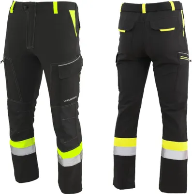 Two views of a pair of black work pants with yellow and reflective accents.