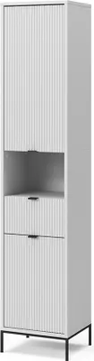 A tall, white cabinet with fluted doors and drawers, standing on thin black legs.