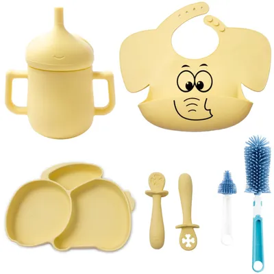 Produktbild von Silikon-Babygeschirrset mit Saugnapf und Lätzchen, 7 Teile, Hasendesign