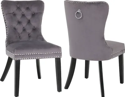 Image de Puluomis Chaise de salle à manger set de 2 chaises en velours Chaise de cuisine Chaise rembourrée Fauteuil de salle à manger avec pieds en bois et tête de clou , Elégant et noble, Gris