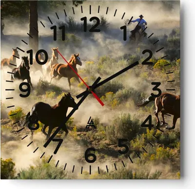 Produktbild von Wanduhr - Quadrat - Glasuhr - Cowboy Cowgirl Pferd - 40x40cm - Schleichendes Uhrwerk - Lautlos - zum Aufhängen bereit - Dekoration Modern - Wanddekoration aus Glas - C4AC40x40-2201