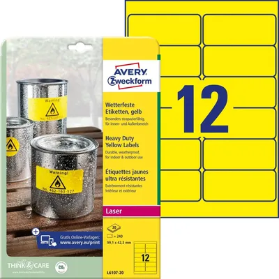 Immagine prodotto di Avery Zweckform - Etichette adesive permanenti in poliestere - Giallo - 99,1 x 42,3 mm - 240 etichette (20 fogli x 12) (L6107-20)