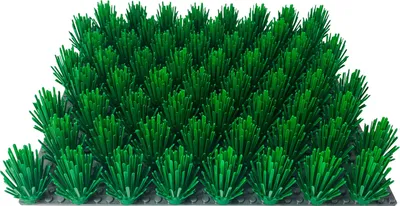 A collection of green LEGO bush pieces arranged on a gray base.