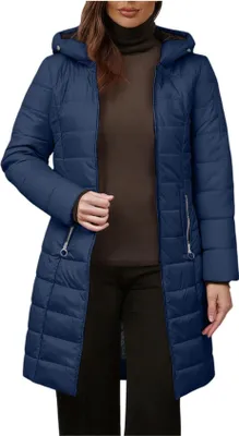 Obrázek produktu pro ASKSA Dámský zimní kabát Teplá prošívaná bunda s podšívkou Dlouhá zimní bunda Parka Zimní fleecová bunda Větruodolná outdoorová bunda s kapucí (námořnická modrá,L)