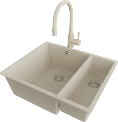 Produktbild von PRIMAGRAN Granitspüle Beige 56x47cm, Spülbecken 1,5 Becken + Küchenarmatur 38x14cm + Ablauf-Set, Küchenspüle ab 60er Unterschrank - London Slim Duo