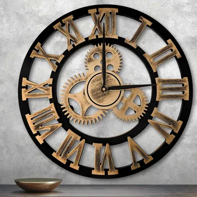 Produktbild von Wanduhr 58 cm, 3D Zahnrad, römische Ziffern, gold, für Wohnzimmer